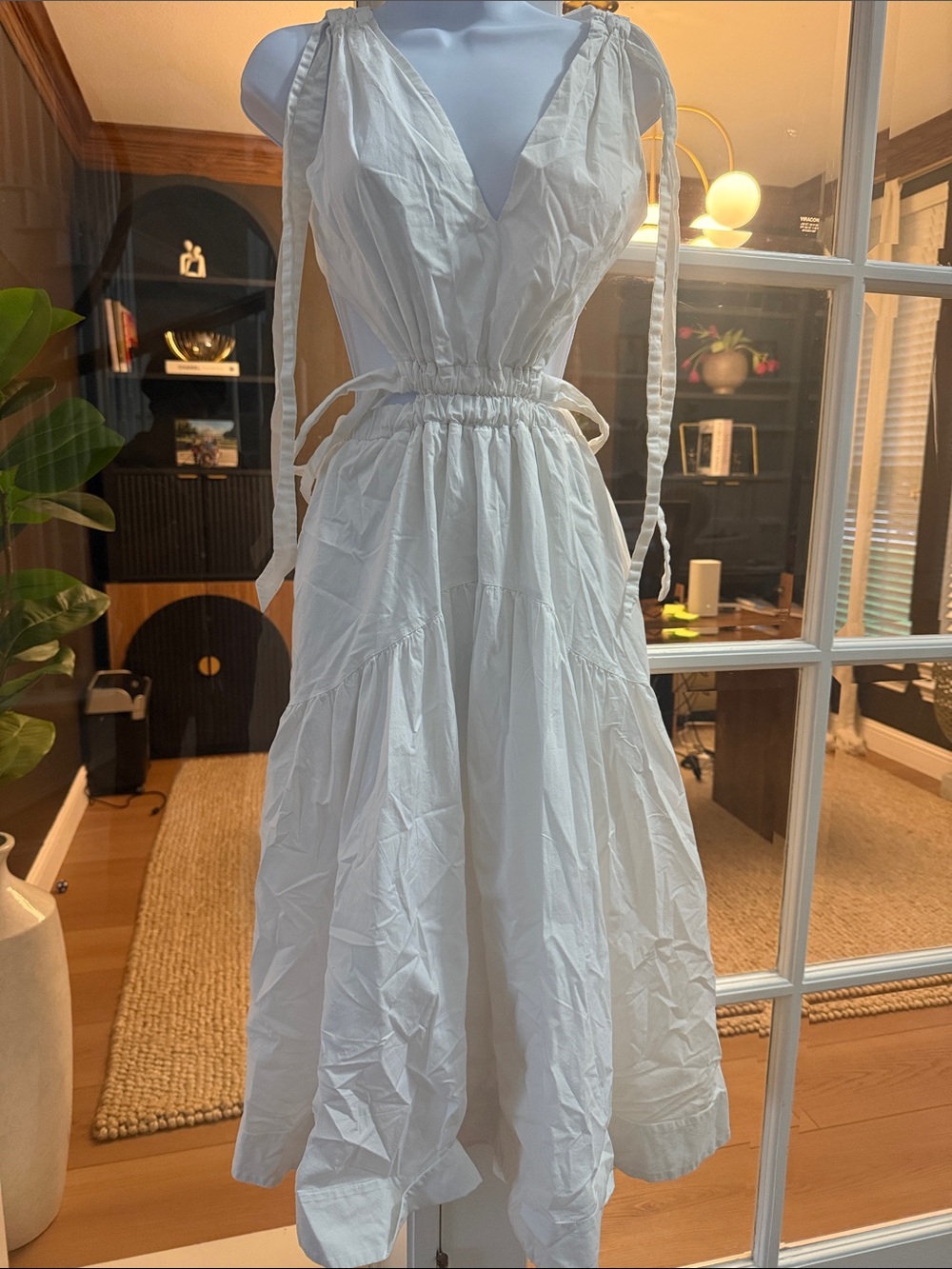BCBGMaxAzria White Tie-Shoulder V-Neck Midi Dress